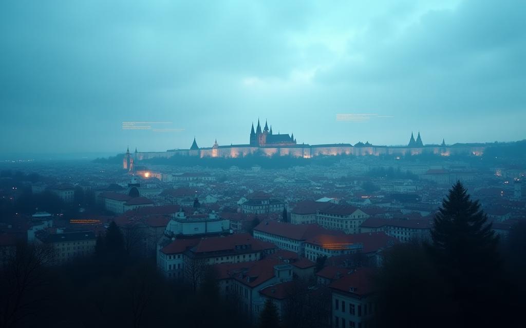 Stylized view of Prague overlaid with media and communication graphics